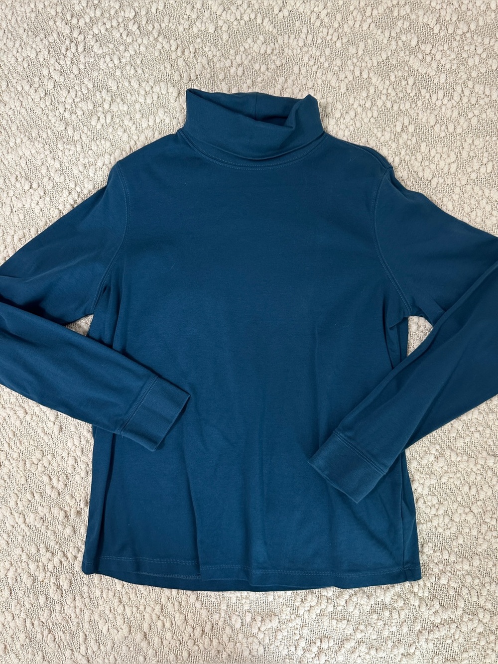 LL Bean Womens Interlock Turtleneck Shirt Size Large Blue Long Sleeve Cotton Top